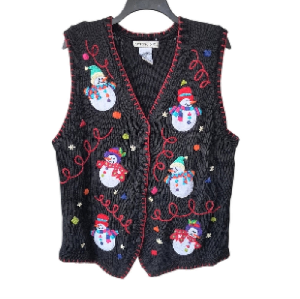 Victoria Jones Black Button Ugly Christmas Sweater Vest with Snowman Design L